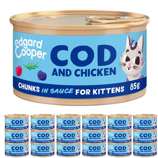 Edgard & Cooper Kattenvoer Graanvrij Natvoer voor Katten Junior Gesteriliseerde of Actieve Kitten Kat Natuurlijke Stukjes in Saus 85g x 18 Verse Kabeljauw & Kip, Smakelijk en uitgebalanceerd, Vers vlees