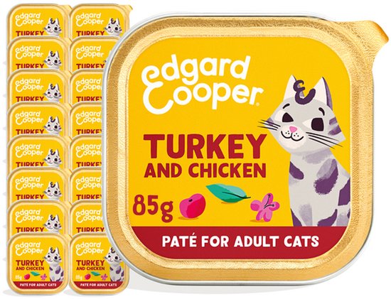 Een stapel Edgard & Cooper kalkoen en kip paté voor volwassen katten (85g), met één bakje op de voorgrond met de tekst 'Turkey and Chicken'.
