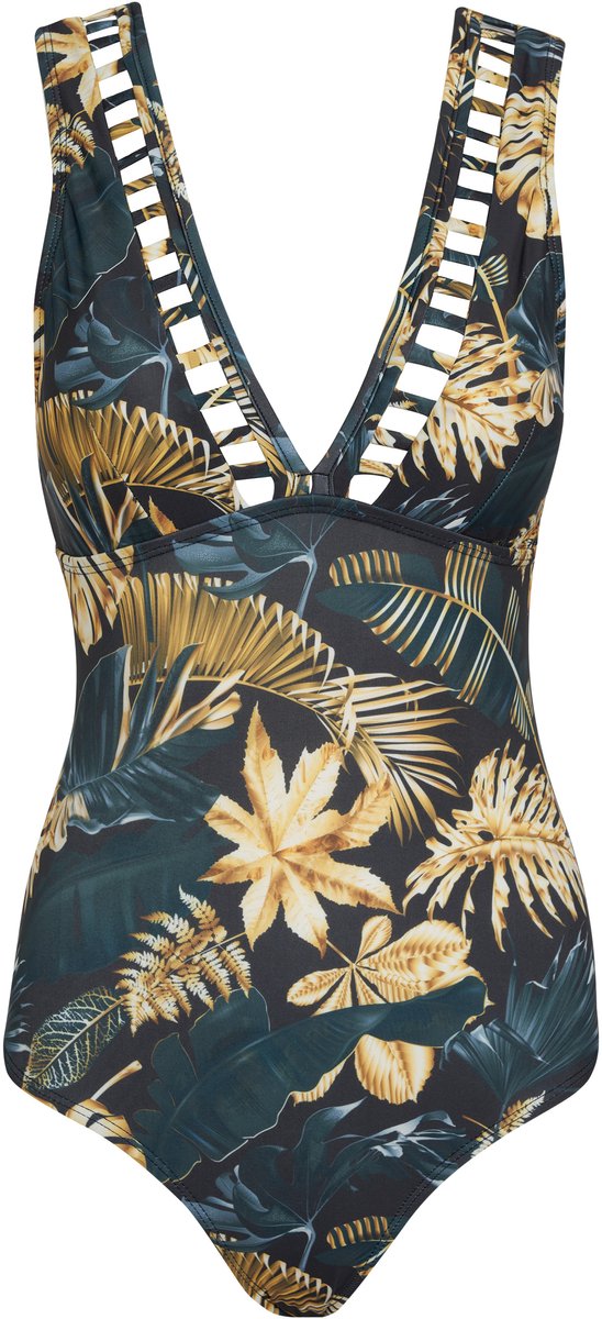 La V Badpak tiener met v-hals en ajourdetail goud bladeren 176+ ( XL) Zwart/goud