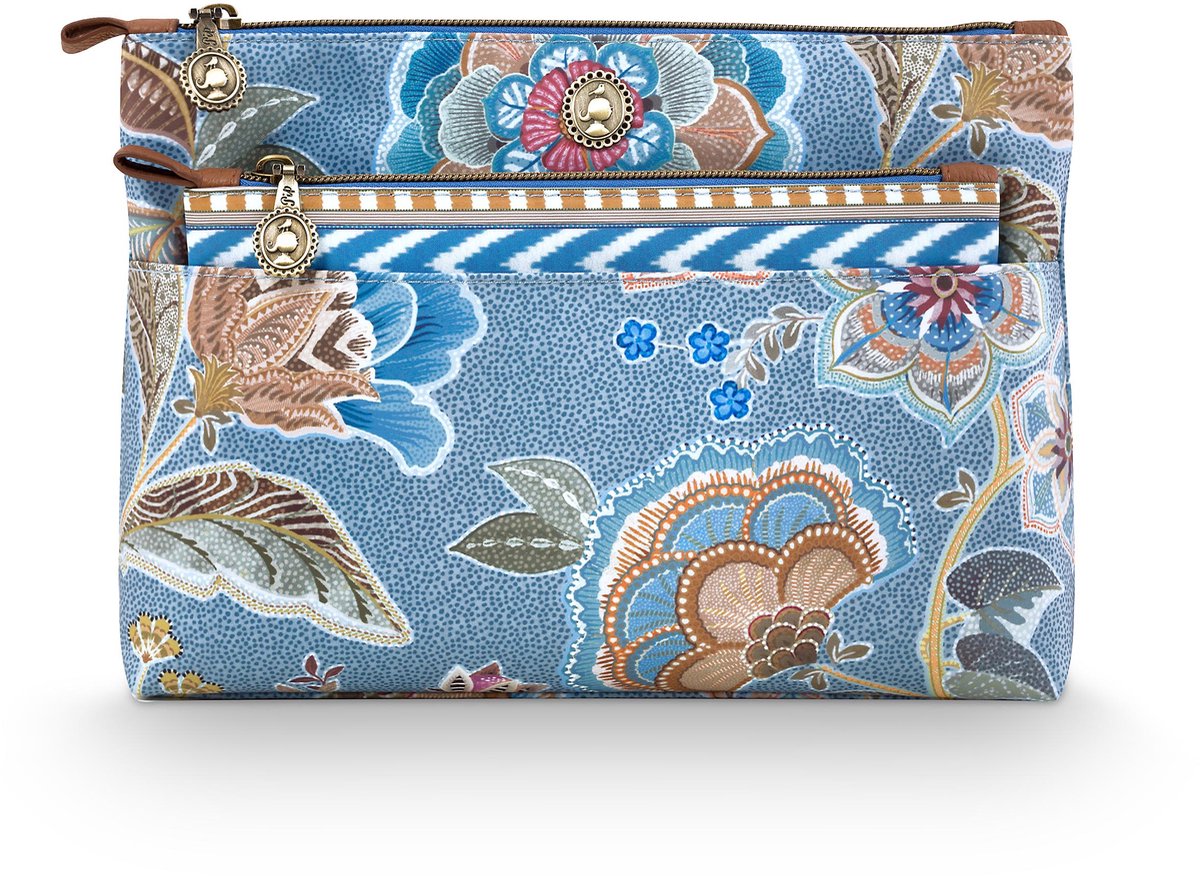 Pip Studio - Caryn Combi Make up tasje - Toilettas dames - Voor make-up - Matata Blauw - 26x7.5x18cm/22x1x13cm
