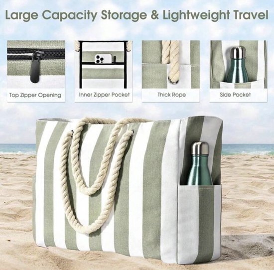 Twenty Two XL strandtas met ritssluiting | binnenvakken en zijvakken| dubbeltouw handvat | legergroen/wit/beige gestreept | grote strandtas | 50x15x37cm | waterdicht | lichtgewicht | geschikt als strandtas, yogatas, weekendtas, zwemtas, big shopper