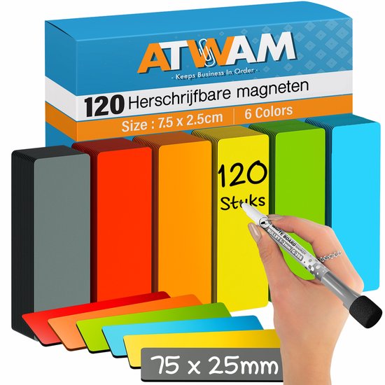 ATWAM set van 120 herschrijfbare magneten, 7.5 x 2.5cm, in 6 kleuren, met een hand die een groene marker vasthoudt.
