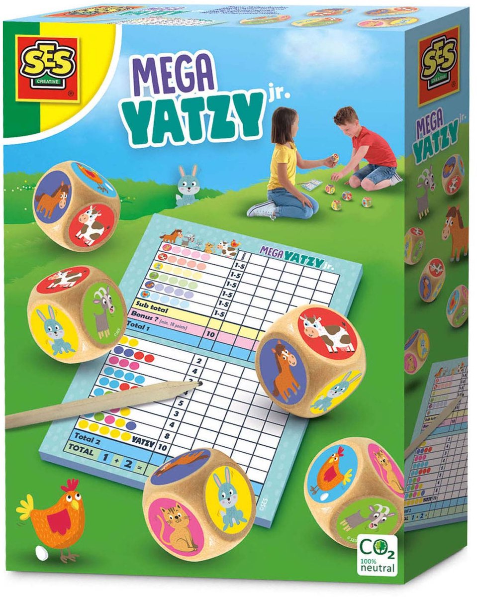 SES - Mega Yatzy junior - met plaatjes - simpele puntentelling - grote houten dobbelstenen