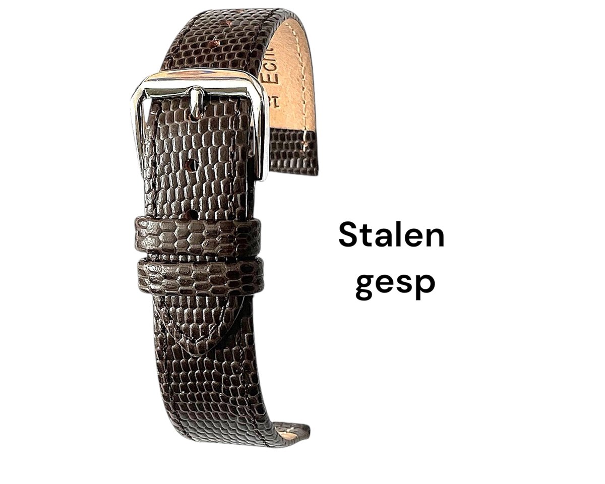 Horlogeband-horlogebandje-12mm-donkerbruin-lizard print-echt leer-zacht-plat-stalen gesp-leer-12 mm
