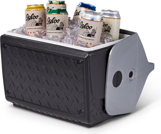 Zwarte Igloo Playmate koelbox gevuld met ijs en 6 Igloo blikjes