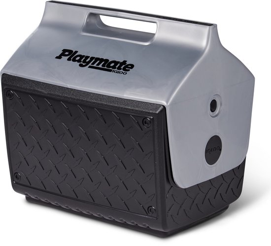 Zwarte koelbox met geruit patroon en zilverkleurige bovenkant met 'Playmate Igloo' logo. Gele sticker op de zijkant.