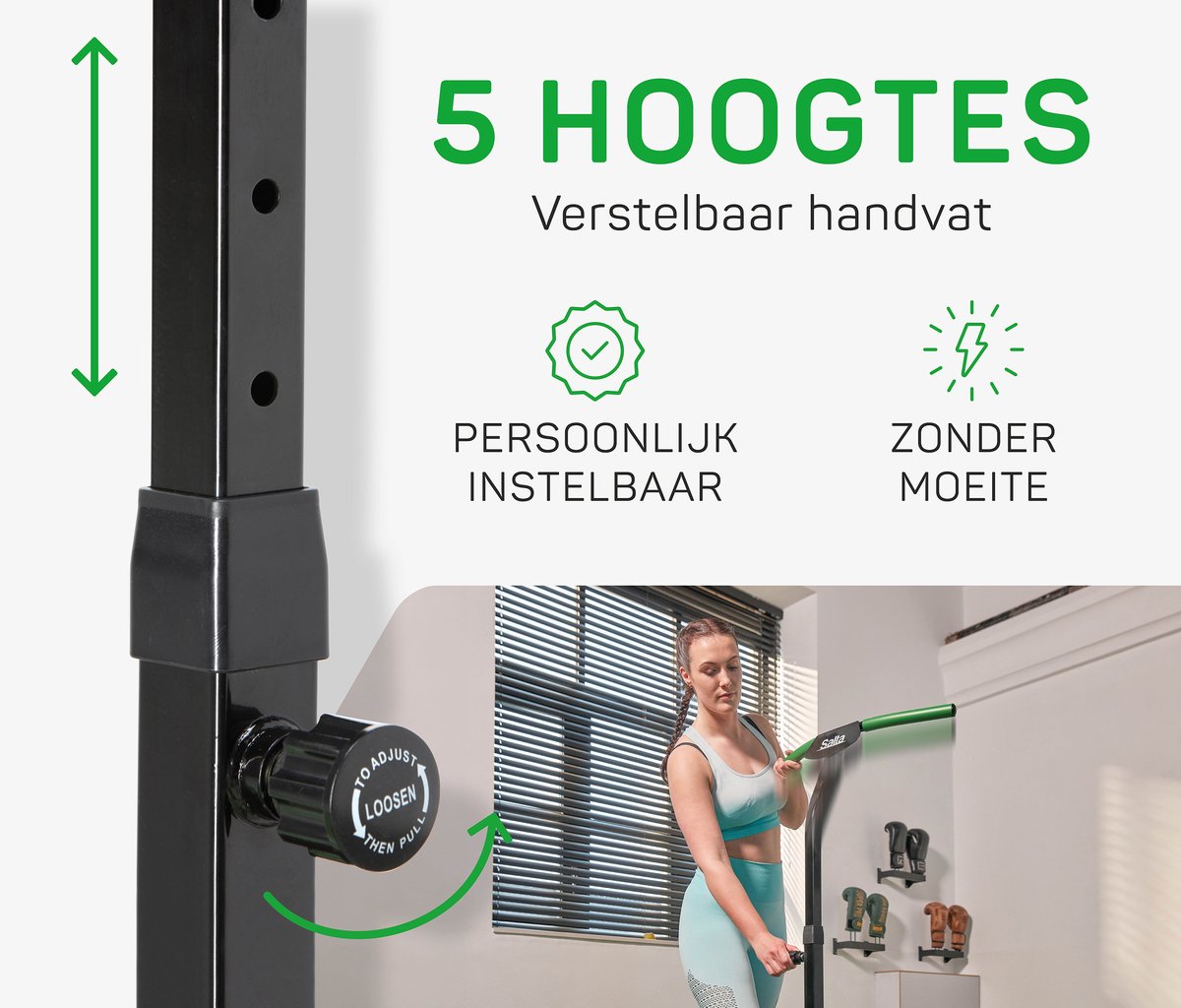 Salta Fitness - 128 cm - Belastbaar tot 110 kg - Fitness / sport trampoline met verstelbaar handvat - Elastieken veren, stevig frame - Mini trampoline volwassenen met handgreep in 5 hoogtes - Groen — afbeelding 5