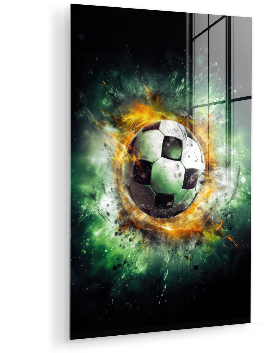 MuchoWow® Glasschilderij 80x120 cm - Schilderij acrylglas - Bal - Voetbal - Groen - Oranje - Rook - Foto op glas - Muurdecoratie woonkamer - Wanddecoratie slaapkamer - Schilderijen