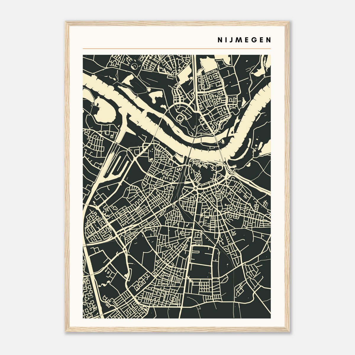 Moderne minimalistische plattegrond van Nijmegen - Stadskaart donkergrijs/beige - Stijlvol design city map poster - Groot formaat 50x70 cm - Premium papier