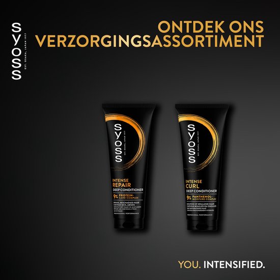 Twee zwarte tubes: "Syoss Intense Repair Deep Conditioner" en "Syoss Intense Curl Deep Conditioner".