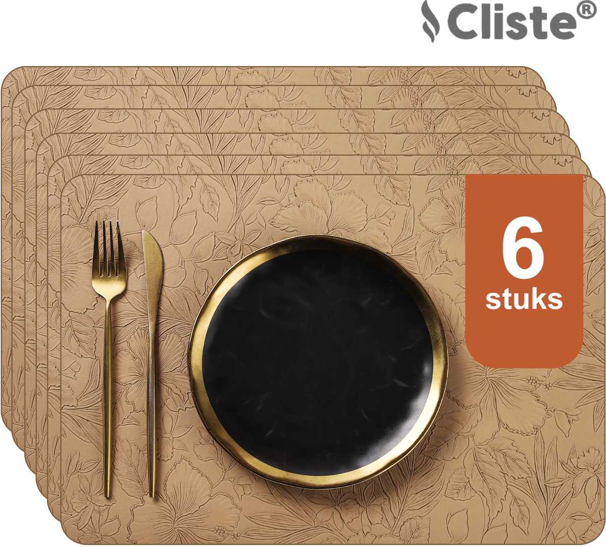 Cliste Hoogwaardige Lederlook Placemats - Set van 6 - Zand - Prachtige Bladerenprint - 45*30cm - Antislip Placemat van Kunstleer - Onderzetter - Placemats