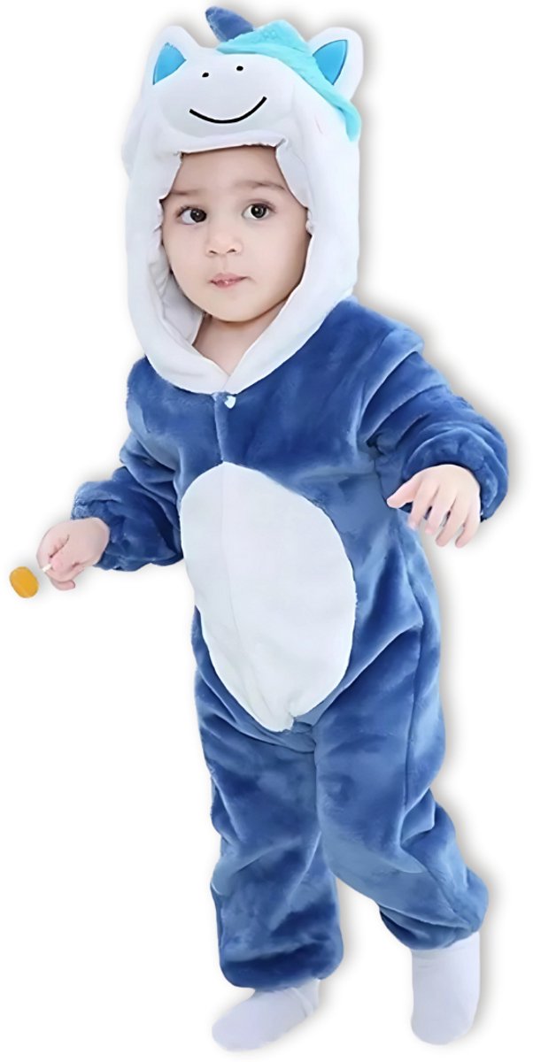 Eenhoorn Blauw Baby Dieren romper Verkleedpak – Peuter CarnavalKostuum – Onesie Kinderen 6 maanden tot 2 jaar – Flanel – Voor Kerstmis, Sinterklaas & Halloween – Jongen & Meisjes - Jumpsuit – Pyjama of Boxpak – Kruippak – Perfect kraamCadeau – Grijs
