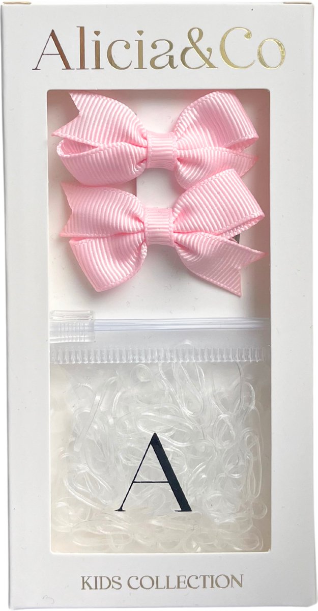 Alicia&Co – Tiny Tie & Bow Set – Bubble Gum Pink - Set van 2 kleine alligator haarclips en 1 zakje met kleine transparante haarelastiekjes - cadeau - kraamcadeau - haarspelden & clips - haarelastiekjes kind - haarspeldjes kind - haarspeldjes baby
