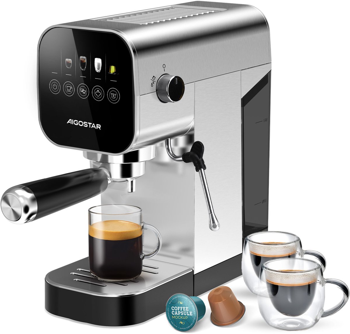 Aigostar Espressomachine 20 Bar - Koffiemachine met Automatische Melkopschuimer - Pistonmachine Cappuccino & Latte - Italiaanse pomp -2 kopjes - Zilver