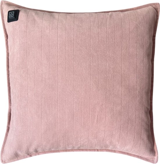 Warmpi® Draadloos Warmtekussen incl Warmpi® Powerbank (10.000mah) - Chenille Roze - Elektrisch Verwarmd sierkussen heeft ook kabel van 3m voor opwarming via stopcontact of USB Poort - 3 standen - Afmeting 45x45cm - oplaadbaar infrarood kussen