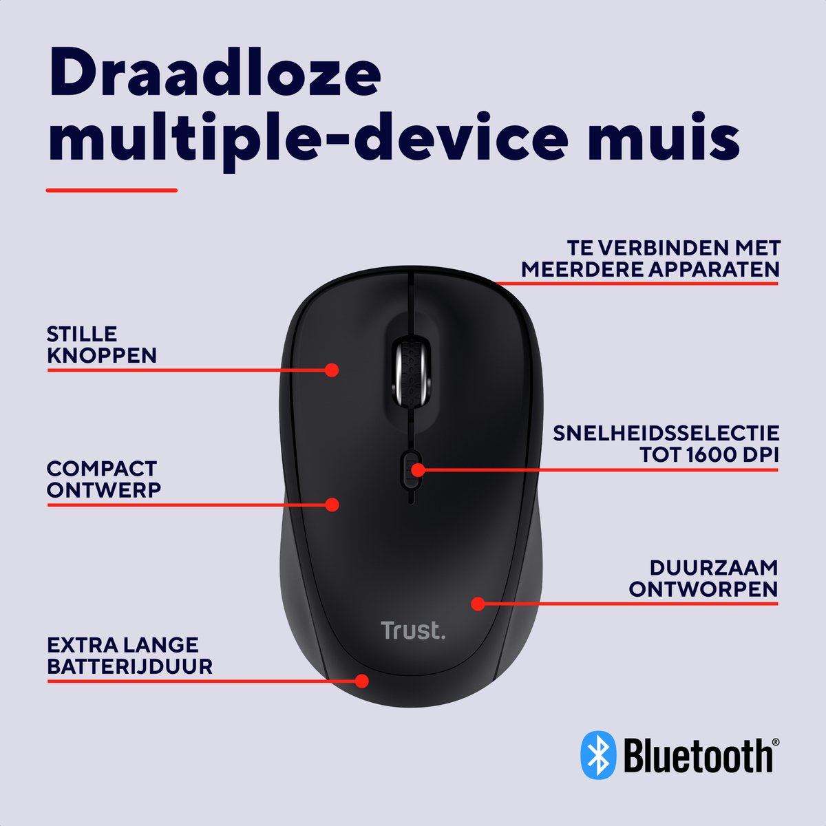 Trust Yvi+ Bluetooth - Draadloze Muis - Bluetooth & USB ontvanger- Compact - Stillere klikken - Zwart thumbnail 5