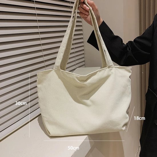 Sans Citron - Sac à bandoulière en velours côtelé - Sac fourre-tout - Velours côtelé - Étudiants - École - Travail - Voyages - Shopping - Fermeture éclair - Geen accessoire inclus - Wit