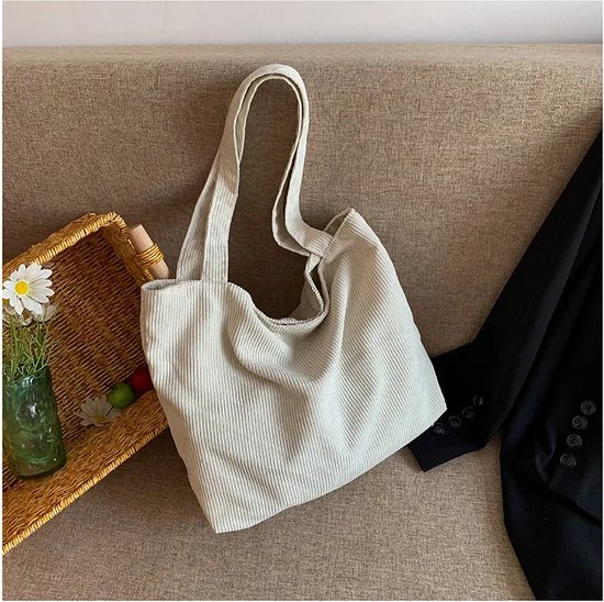 Sans Citron - Sac à bandoulière en velours côtelé - Sac fourre-tout - Velours côtelé - Étudiants - École - Travail - Voyages - Shopping - Fermeture éclair - Geen accessoire inclus - Wit