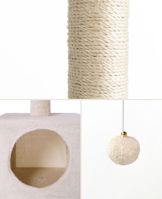 lionto kleine krabpaal met pluche bal & krabboog, 43 cm hoog, comfortabele ligplek van zacht pluche, stabiel met sisaltouw, voor kleine & grote katten, beige/wit