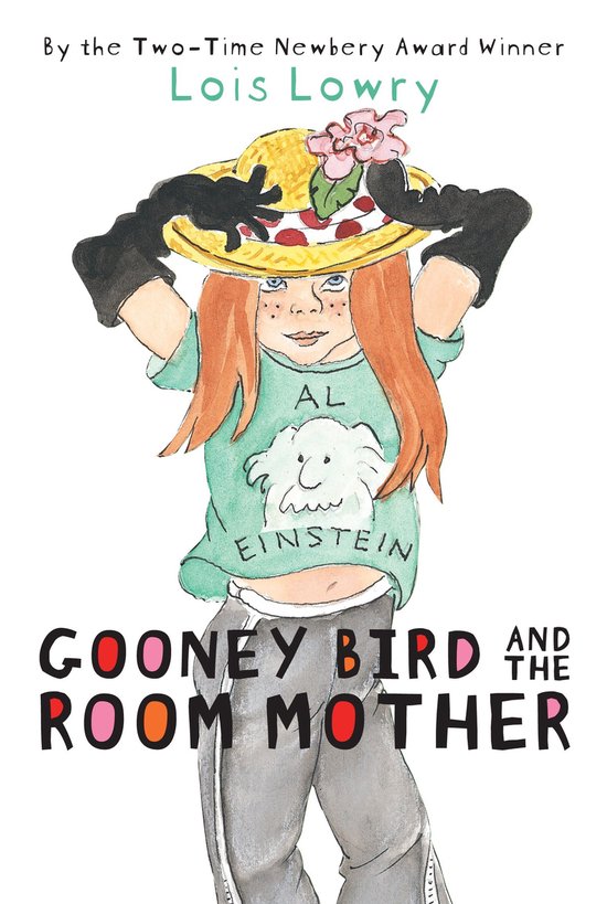Boekillustratie van een meisje met rood haar, een T-shirt met 'AL EINSTEIN' en een strooien hoed met bloemen.