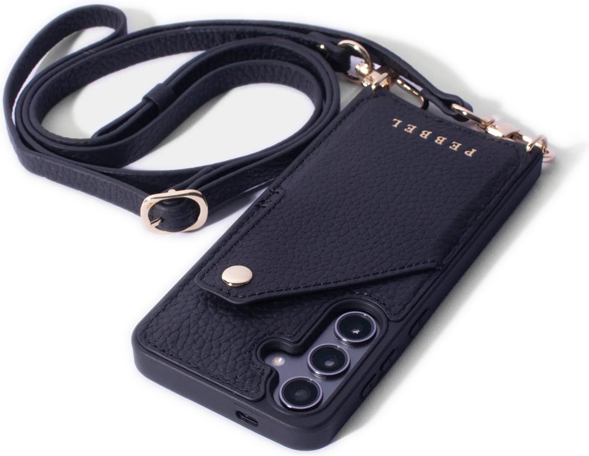 Pebbel Crossbody Hoesje Zwart - Geschikt voor Samsung Galaxy S24 - Luxe Hoesje met Koord - Echt Italiaans Leer - Pasvakje