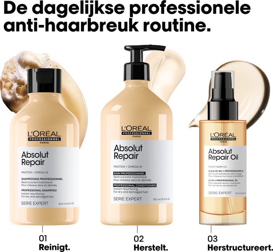 Trois produits L'Oréal Professionnel Absolut Repair : shampoing, soin et huile.