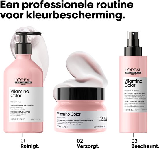 Drie L'Oréal Professionnel Vitamino Color producten: shampoo, masker en leave-in spray, in roze verpakkingen met zwarte doppen.