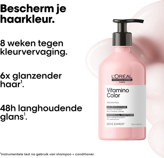 Après-shampoing Vitamino Color L'Oréal Professionnel dans une bouteille rose pastel avec distributeur à pompe.