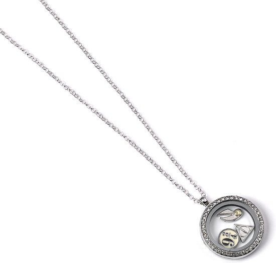 Zilverkleurige locket ketting met '9 3/4', gouden snitch en 'Deathly Hallows'-symbool bedels.