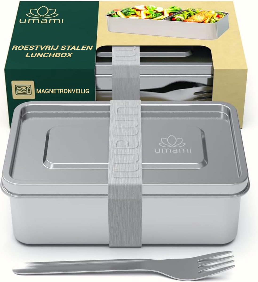 Umami® Roestvrijstalen Lunchbox met vork en verstelbare scheidingswand (0,95L)- Magnetron, vaatwasmachinebestendig, Lekvrij lunchbox volwassenen - Roestvrijstalen bento box, metalen lunch box