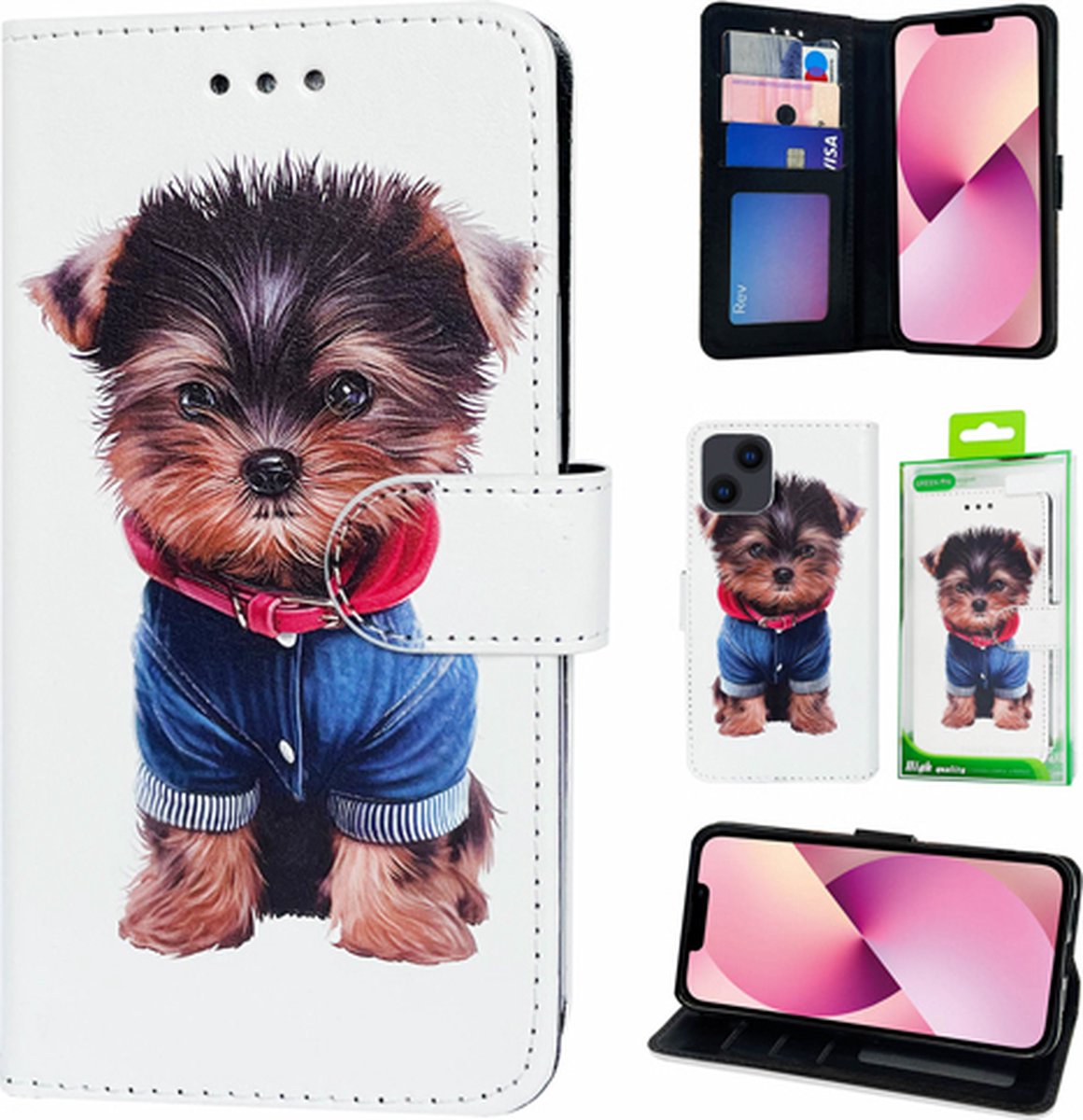 Telefoonhoesje Geschikt voor iPhone 14 Pro - Bookcase - Puppy Bruin - Ruimte voor 3 pasjes