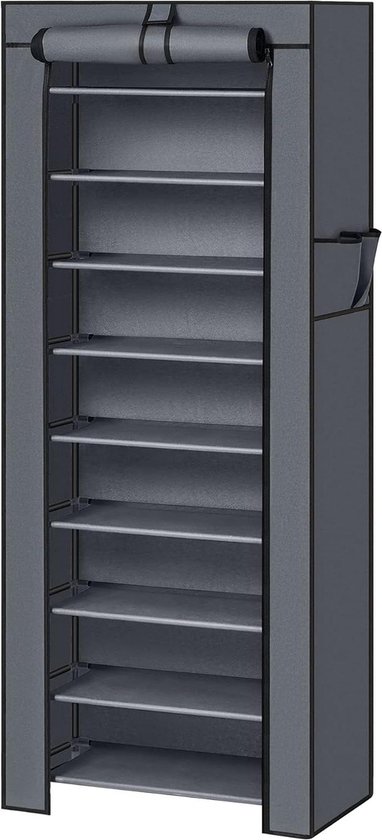 SONGMICS Schoenenrek met 10 niveaus, 28 x 88 x 160 cm, schoenenkast, schoenenopberger, met stofkap, schoenenopberger, voor hoge hakken, sportschoenen, metalen frame, grijs RXJ36G
