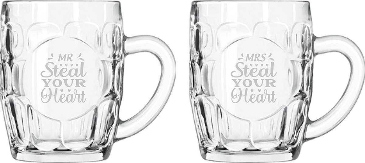 Gegraveerde set bierpullen 55cl Mr. Steal your heart - Mrs. Steal your heart