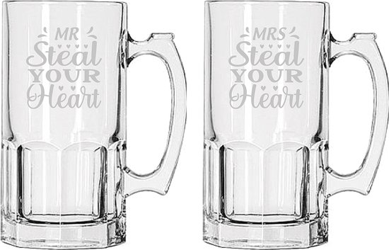 Ensemble de chopes à bière gravées 1 litre M. Volez votre cœur - Mme. Vole ton coeur