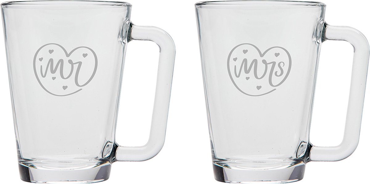 Gegraveerde set Theeglazen 26cl Mr. In hartje - Mrs. In hartje