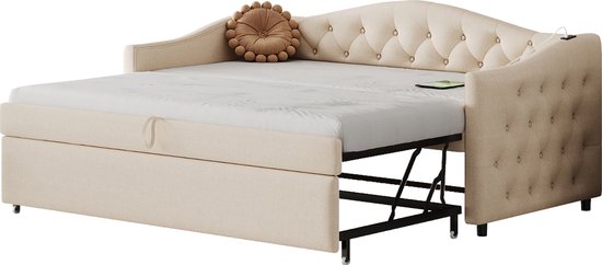 Opbergbed met hoofdeinde 160 x 200 cm - USB-poort LED's - Linnenstof