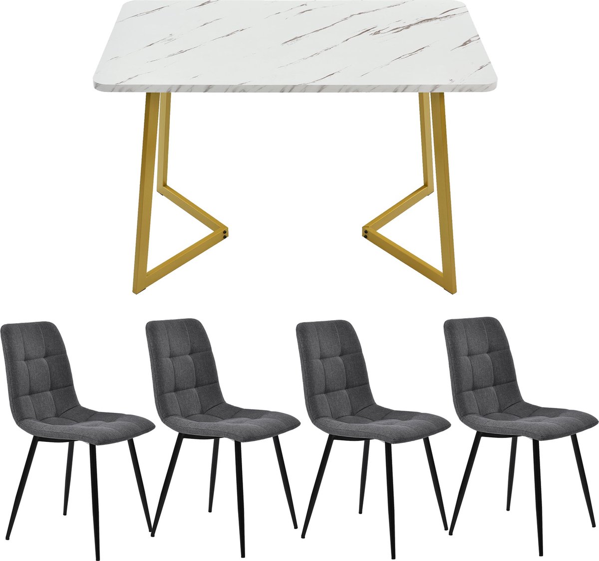 Merax Eettafelset 5-Delig – Wit Marmerlook Eettafel met Gouden Poten – 4 Grijze Eetkamerstoelen