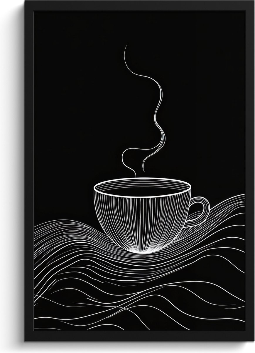 FrameYourWall Fotolijst inclusief poster - Posterlijst 40x60 cm - Posters - Lijntekening - Koffiekop - Zwart - Foto in lijst - Keuken decoratie muur - Wanddecoratie accessoires - Muurdecoratie - Schilderijen