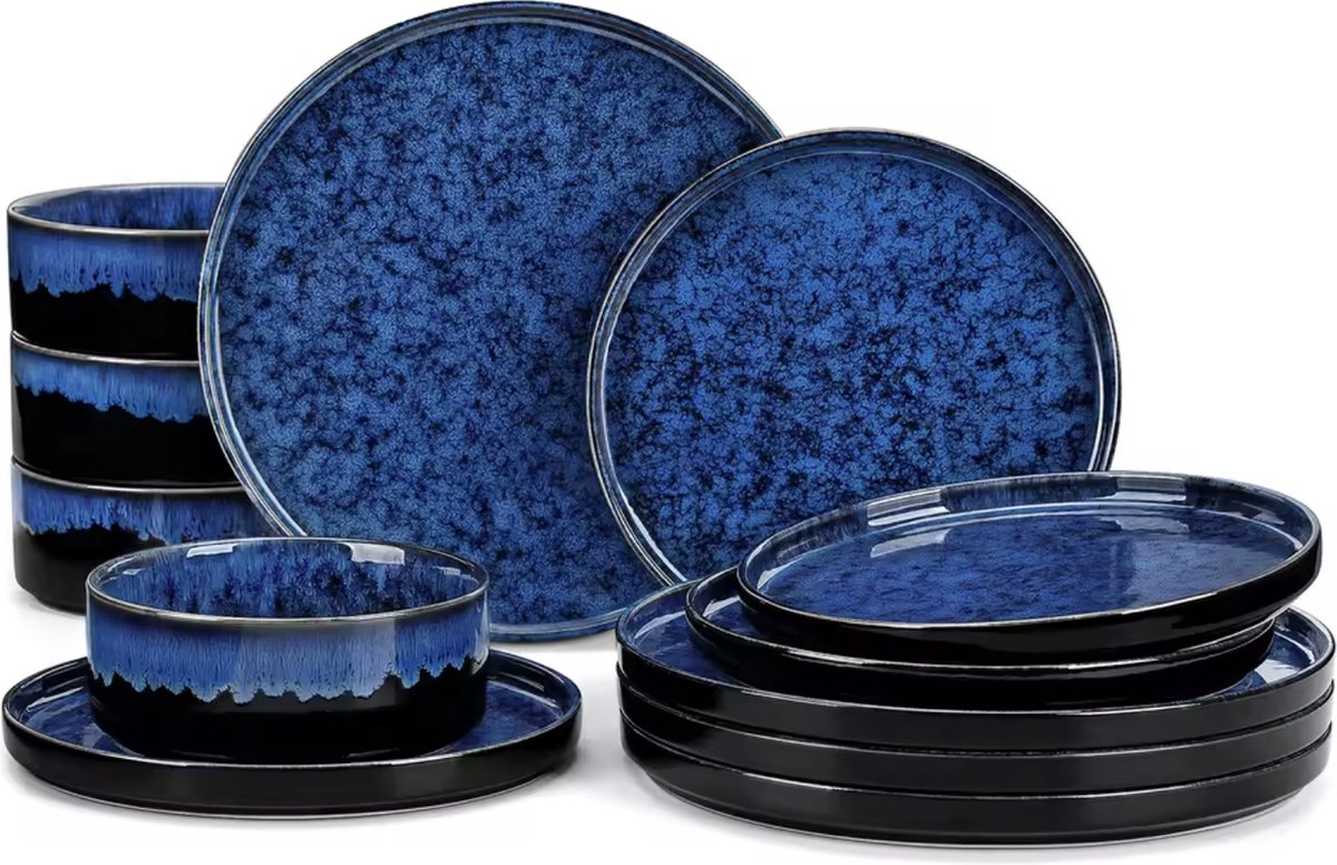 J&R Serviesset Blauw - Keramisch - 12 borden groot - 12 borden klein - 12 kom - 36 delig - Blauw