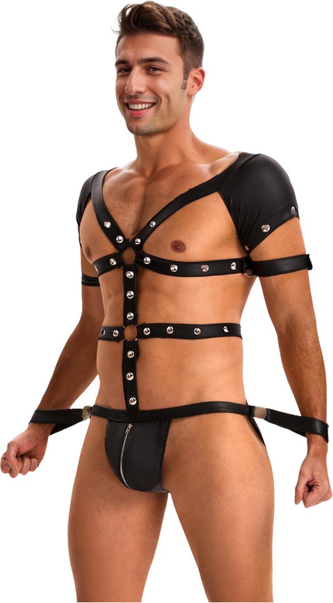 PleazureX heren leren bodyharnas met open achterkant - Handboeien - Sexy - BDSM - Uitdagend - Stoer - Nachtclub lingerie - Maat XL