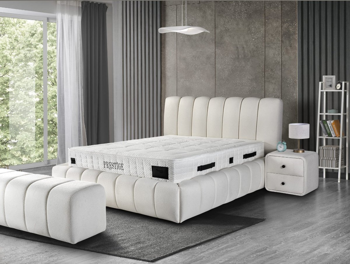 Nessa® Opbergruimte Boxspring Prestige - 180x200 - Wit - Bouclé/Teddy Stof - Inclusief 25cm Dik Orthopedisch Micropocket Koudschuim Matras