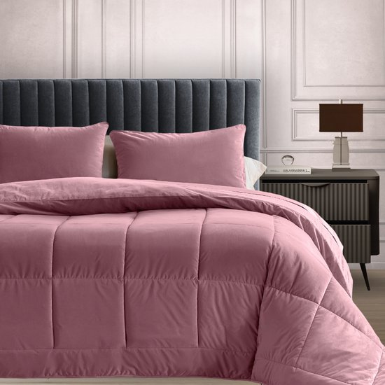 Y-NOT- Velvetbed Old Pink 240x200 - Dekbed Zonder Overtrek - Velvet Dekbed - Wasbaar Hoesloos Dekbed - 30 dagen proefslapen - Bedrukt dekbed - Dekbed met vaste overtrek - All year winterdekbed & zomerdekbed
