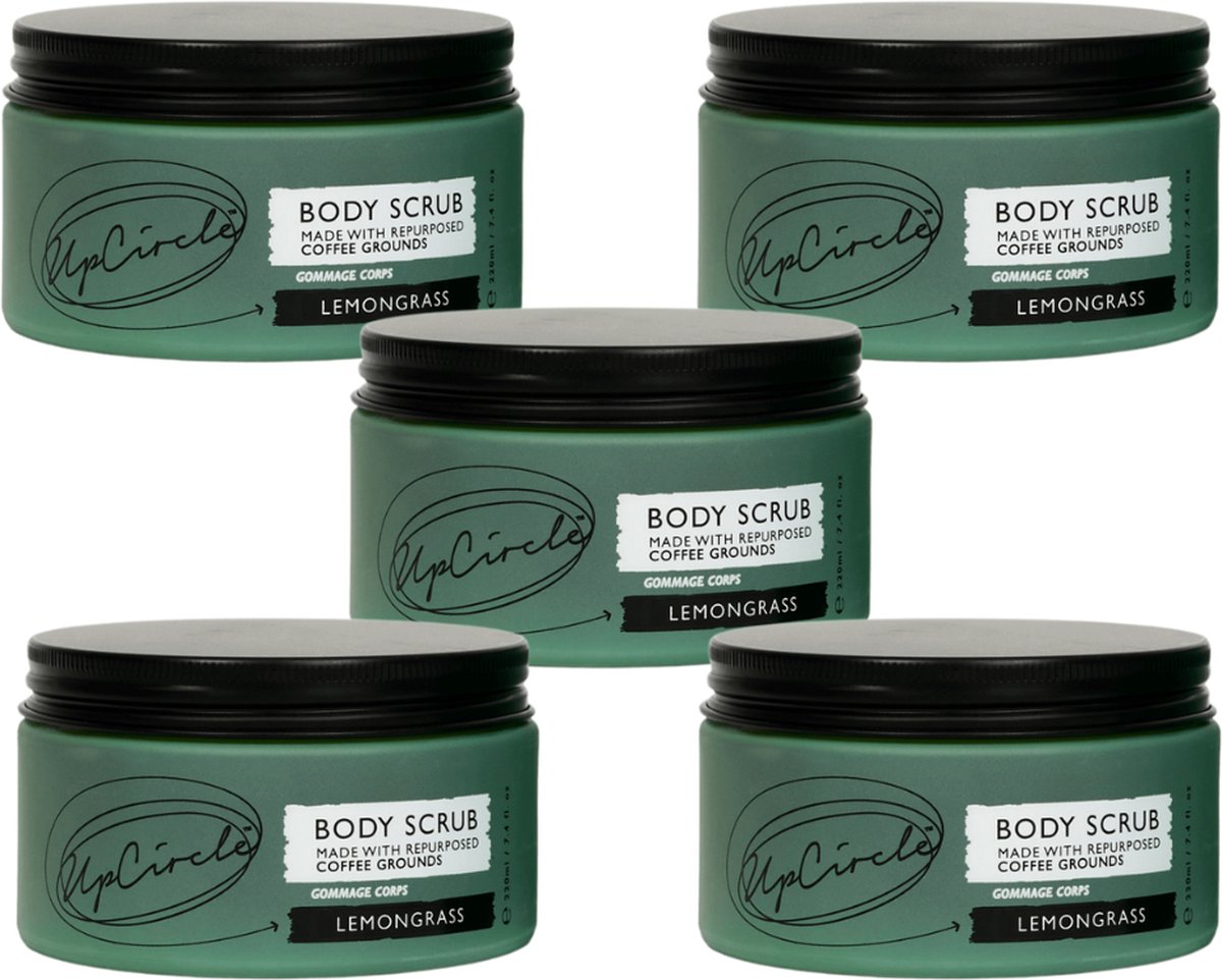 UpCircle - 99% Natuurlijk Koffie Body Scrub - Exfoliërend en Verfrissend - Citroengras - Zeezout - Kokosolie - Vegan - 5 x 220 ml