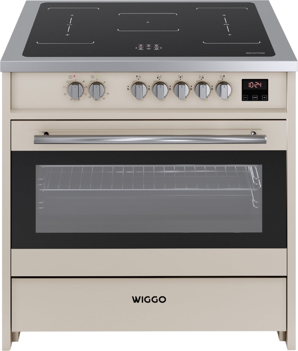 Wiggo WIO-E921A(CX) – Inductie Fornuis – 90 cm – 2 fasen (7.6 kW) – Oven 121L – 50-250°C – Metaal – Crème