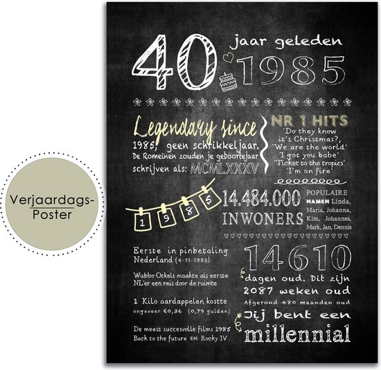 Verjaardagsposter 40 jaar A3 formaat - 1985 - Vriendin 40 jaar - verjaardagscadeau - Vriend 40 jaar cadeau - 40 jaar bord - Cadeau - Cadeau 40 - 40 jaar
