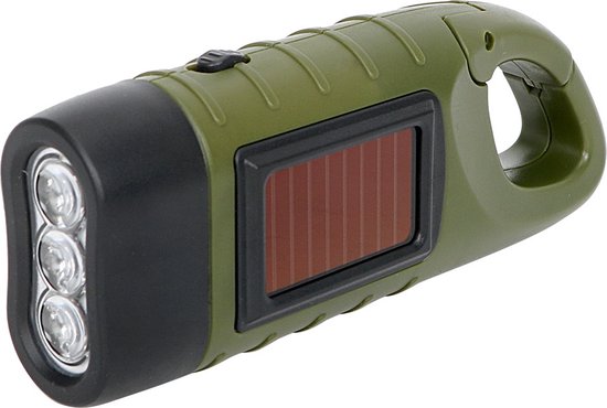 Lampe Dynamo LED à Manivelle + Solaire – Mini Torche De Secours Pour Rando, Camping Ou Urgence (Vert Militaire)