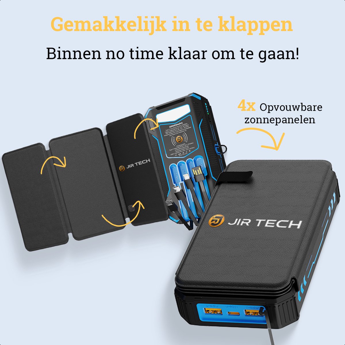 JIRTech® Solar Powerbank 20.000 mAh met Ingebouwde Kabels - afbeelding 2