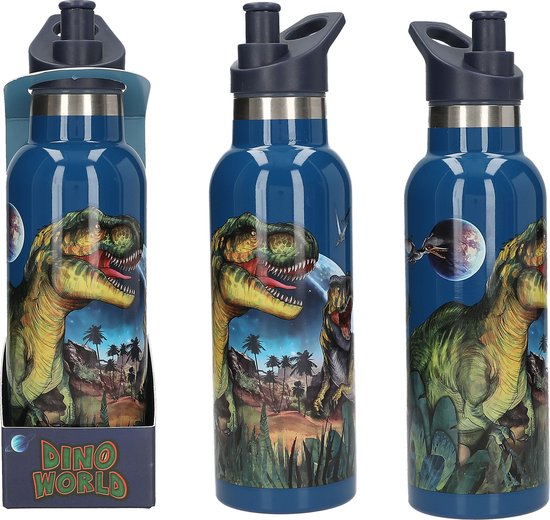 Trois bouteilles bleues avec impression de dinosaures, dont une dans son emballage.