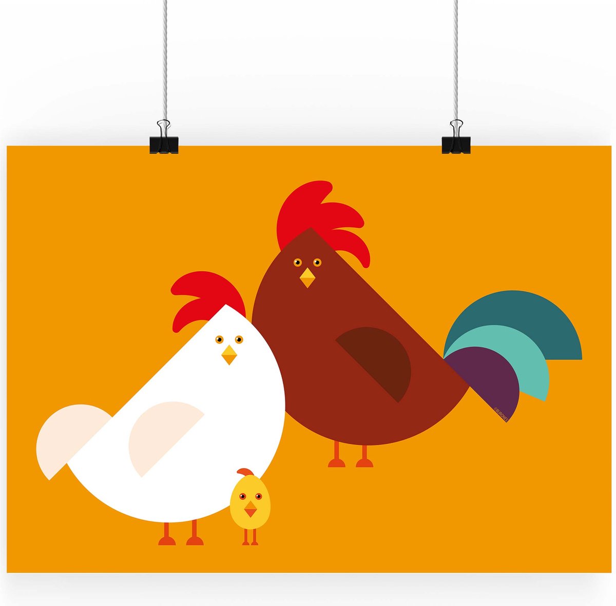 Artprint Familie Kip - Kippen illustratie in A3 formaat - Poster met 3 abstracte minimalistische kippen - Haan, Kip, Kuiken