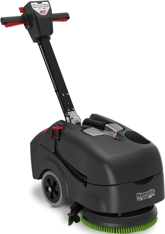 Zwarte schrob-zuigmachine met rode handgrepen, groene borstel en het Numatic TTBNX-logo.